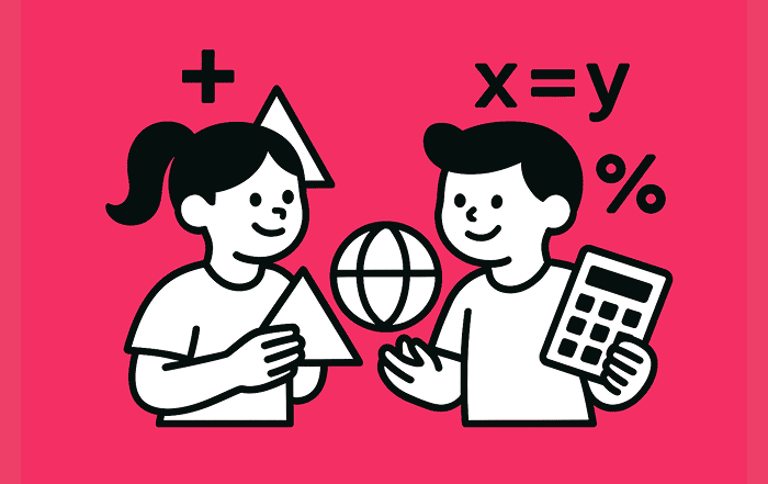 Dos estudiantes interactúan con figuras geométricas, una calculadora y símbolos matemáticos, representando el razonamiento lógico y numérico.