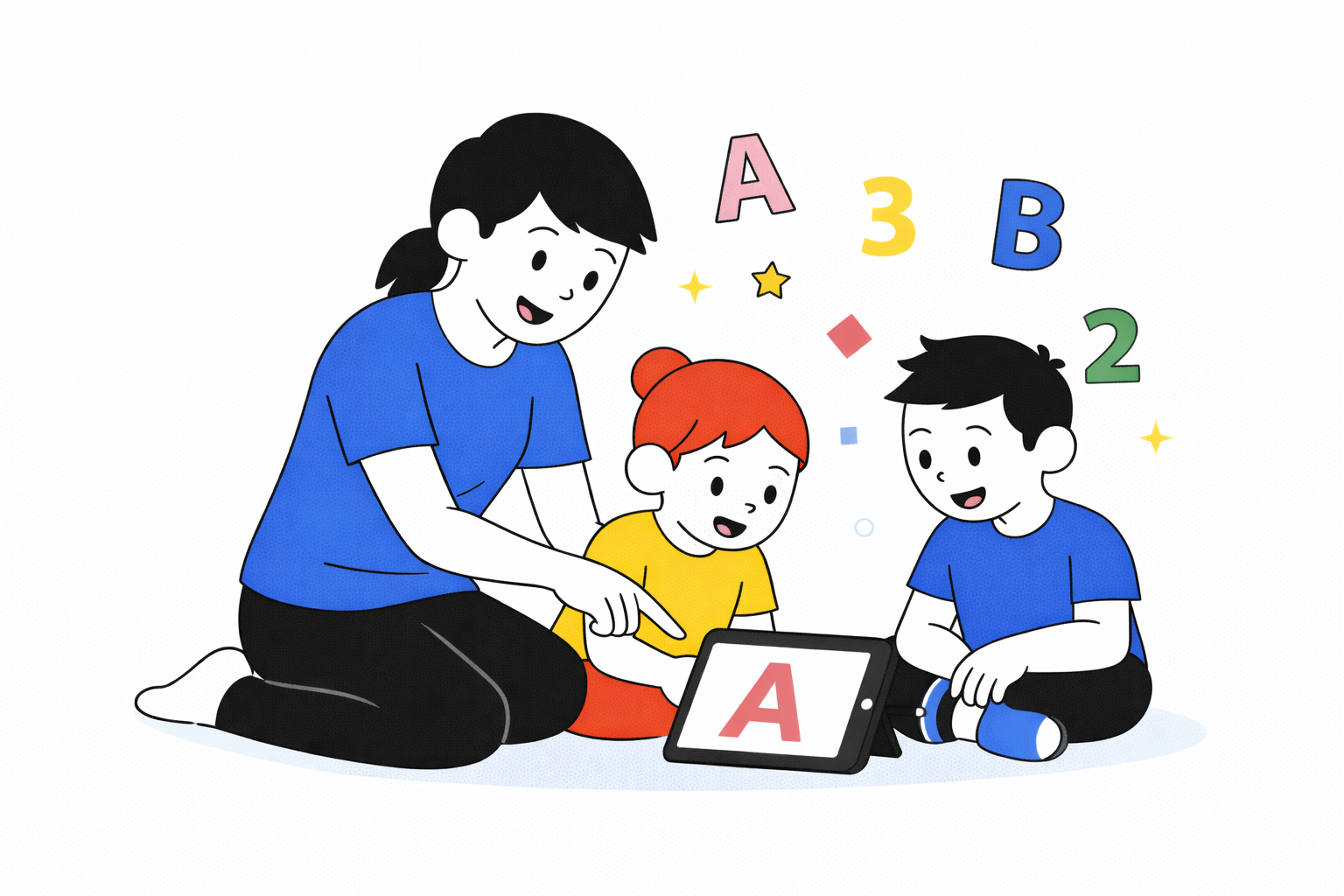 Estudiante de primer grado explorando contenidos básicos en una tablet con acompañamiento de un adulto, en una actividad inicial de reconocimiento de letras y números.