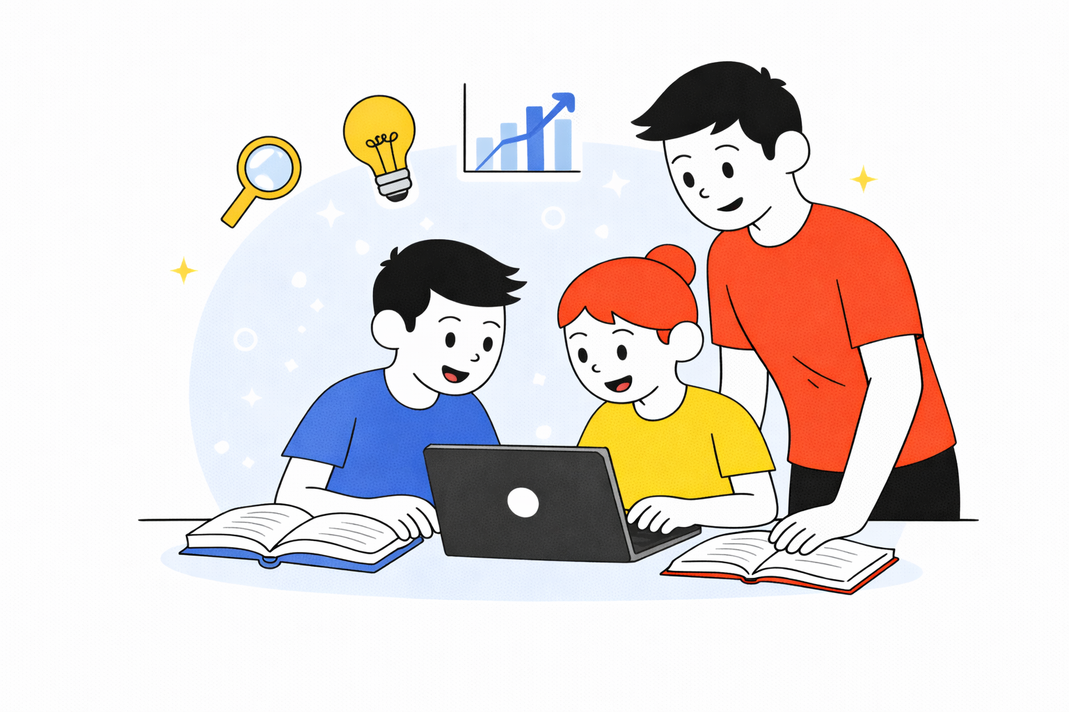 Estudiantes de segundo grado interactuando con una tablet junto a un adulto que orienta la actividad, en una experiencia de aprendizaje guiado basada en lectura y conteo.