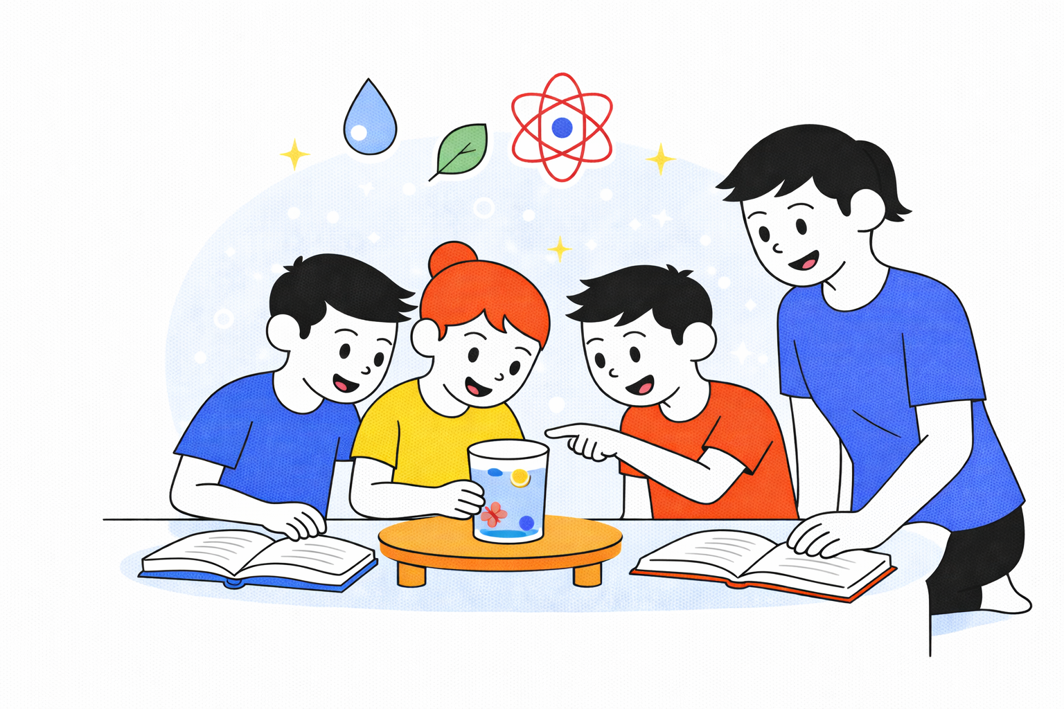 Estudiantes de tercer grado realizando un experimento sencillo relacionado con el entorno natural, acompañados por un adulto que apoya la observación y el análisis.