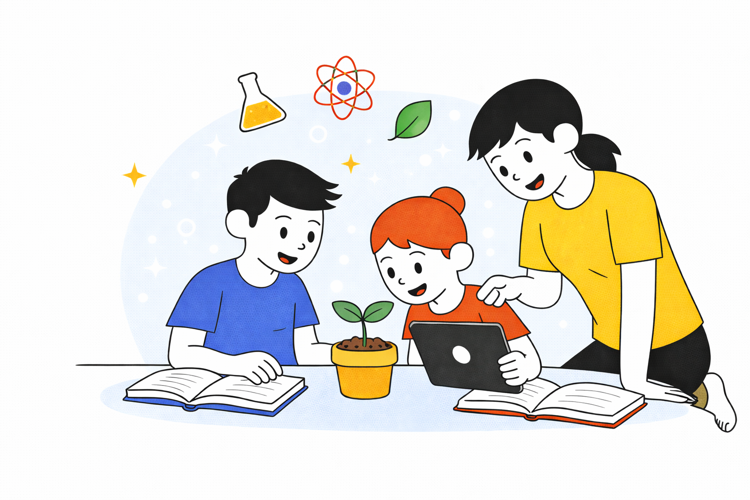 Estudiantes de cuarto grado investigando una planta y consultando información digital con apoyo de un adulto, en una actividad de exploración científica.