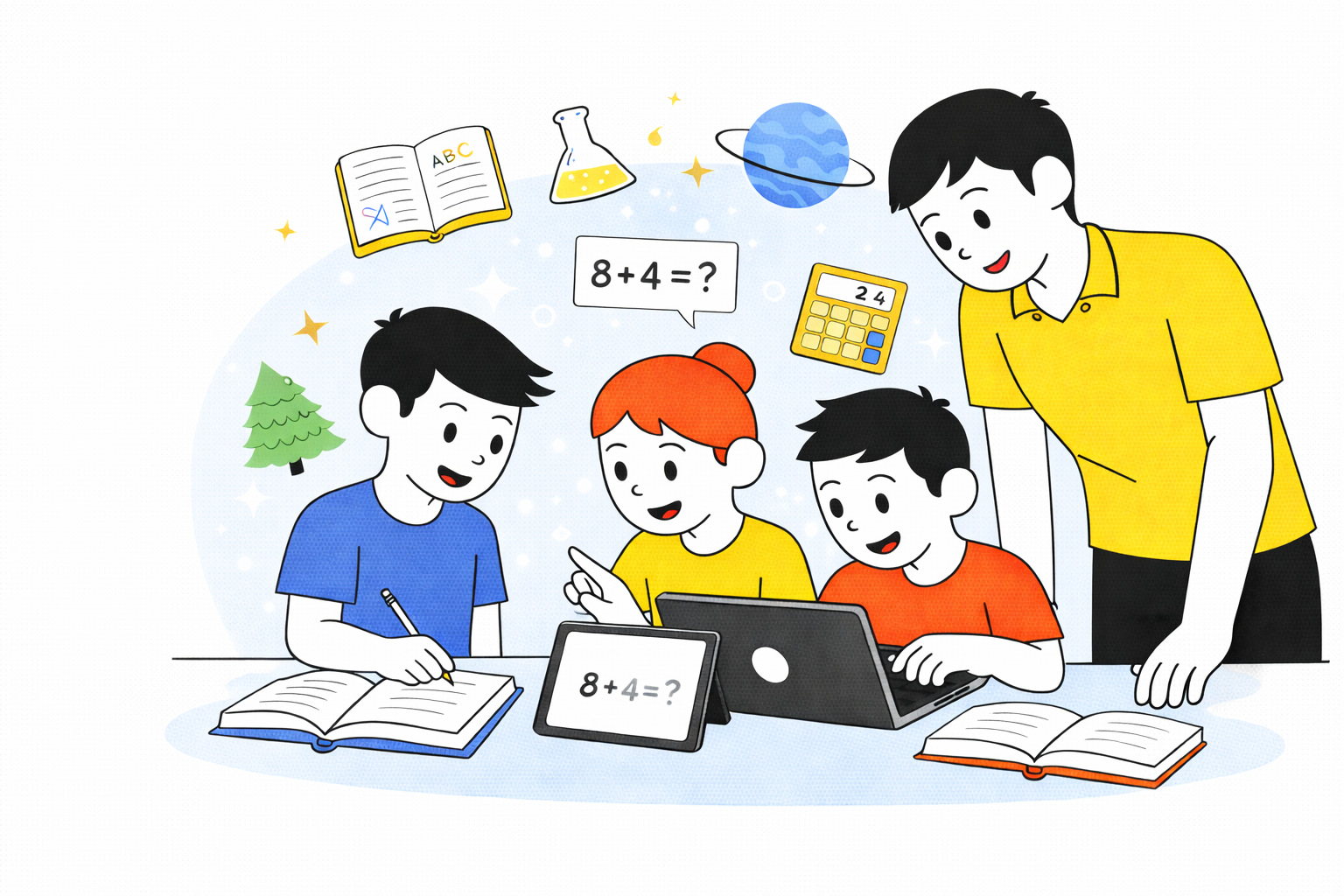 Estudiantes de quinto grado trabajando en equipo con apoyo de un docente, mientras escriben, resuelven una operación matemática y exploran contenidos de ciencias en una tablet y un computador.