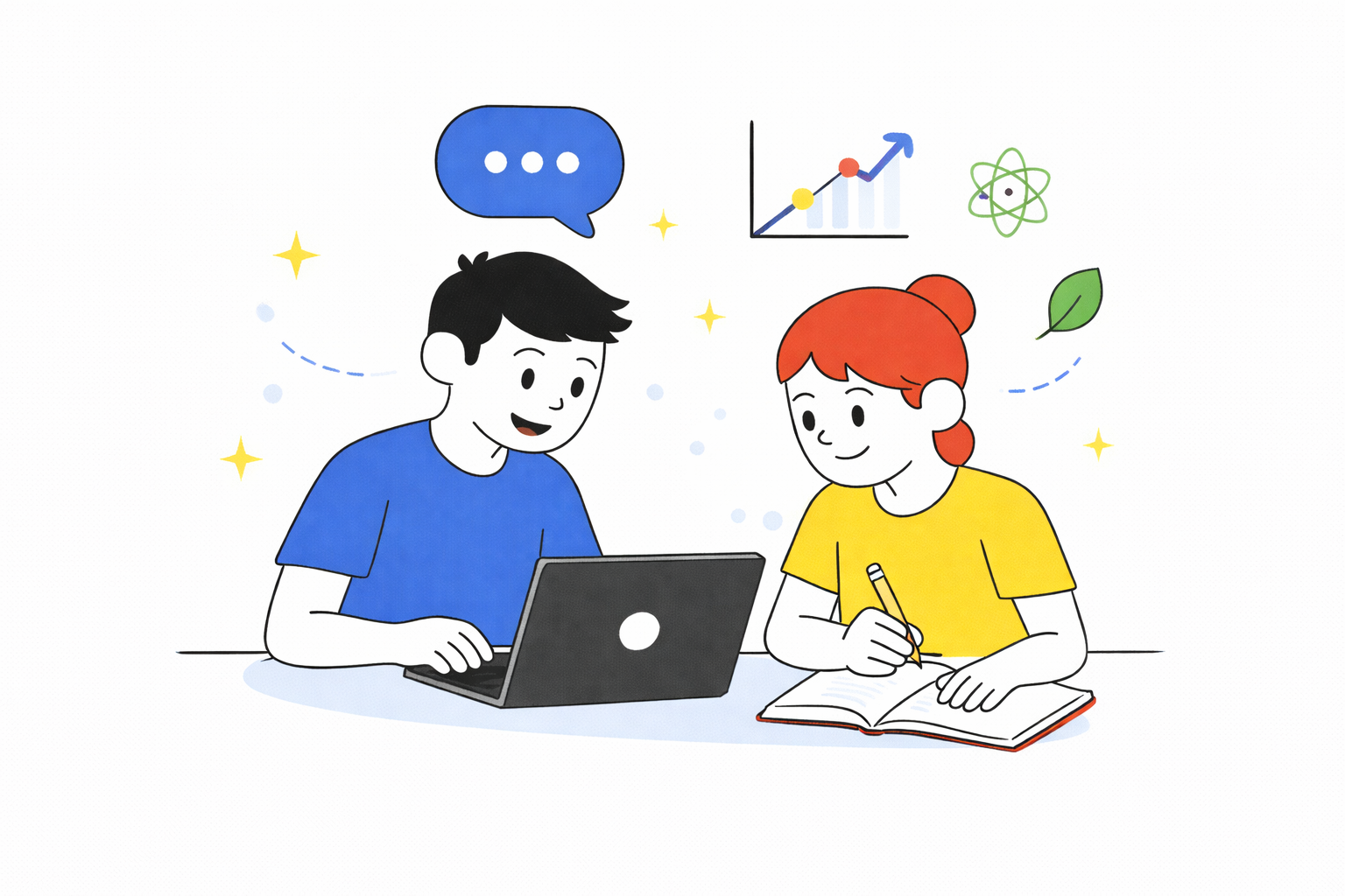 Estudiantes de sexto grado realizando una actividad de investigación con apoyo de recursos digitales y toma de notas, promoviendo autonomía en el aprendizaje.