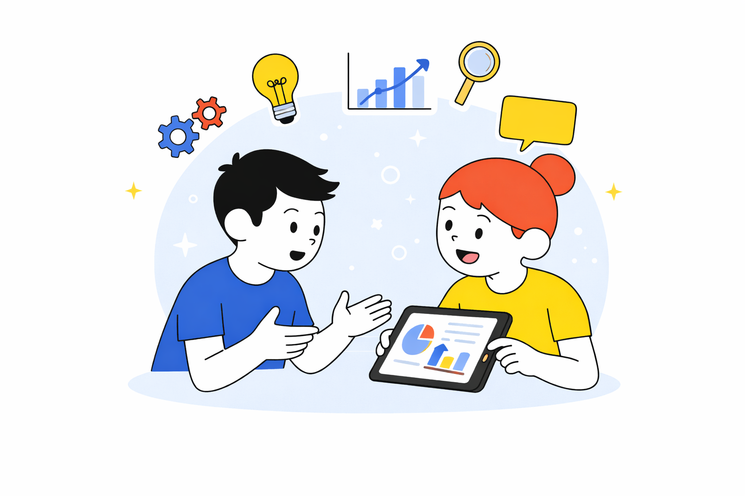 Estudiantes de séptimo grado analizando una gráfica en una tablet mientras conversan y comparten ideas.