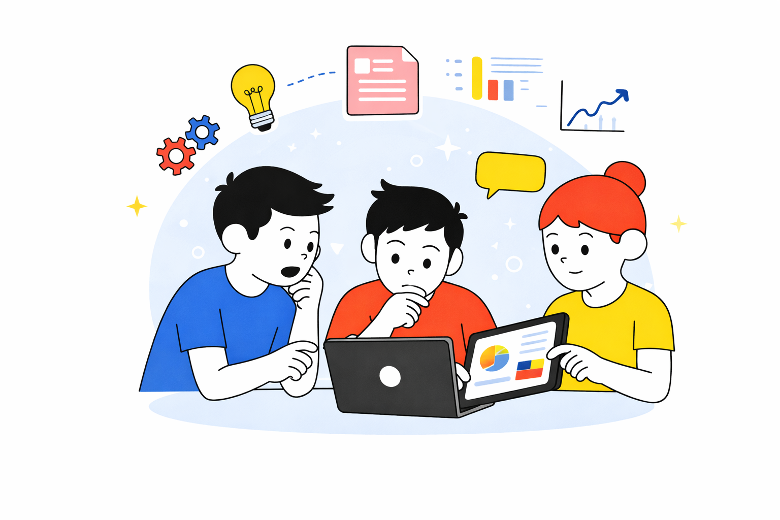 Estudiantes de octavo grado desarrollando una actividad colaborativa con apoyo de herramientas digitales, enfocada en análisis y resolución conjunta de tareas.