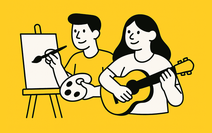 Dos estudiantes realizan actividades artísticas, uno pinta en un caballete y el otro toca guitarra, representando las artes plásticas y musicales.
