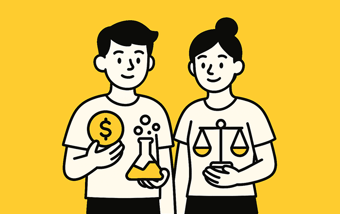   Dos estudiantes sostienen un matraz, una moneda y una balanza, simbolizando el equilibrio entre economía, justicia y análisis social.