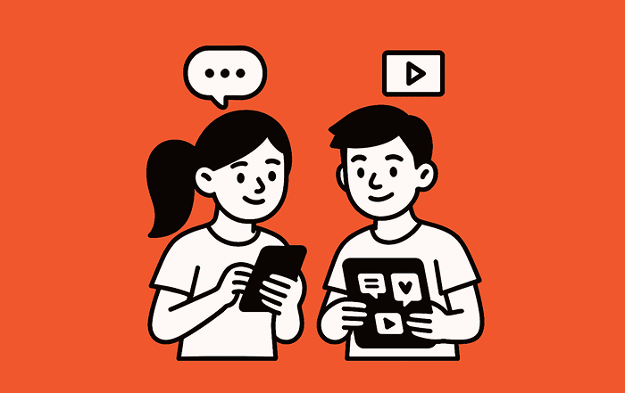 Dos estudiantes utilizan dispositivos móviles y una tableta con íconos de mensajes y video, representando la alfabetización mediática e informacional.