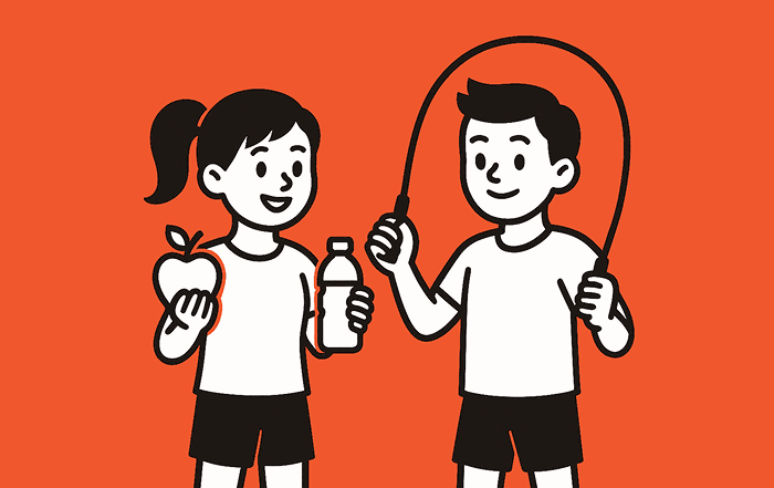 Dos estudiantes con ropa deportiva, uno sostiene una manzana y una botella de agua y el otro una cuerda para saltar, representando los estilos de vida saludables.