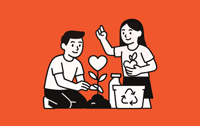 Dos estudiantes siembran una planta junto a un contenedor de reciclaje, simbolizando la educación ambiental y el cuidado del planeta.