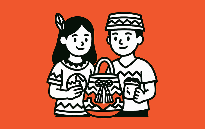 Dos estudiantes con vestimenta tradicional y elementos culturales como una mochila tejida, representando la diversidad étnica y la etnoeducación.