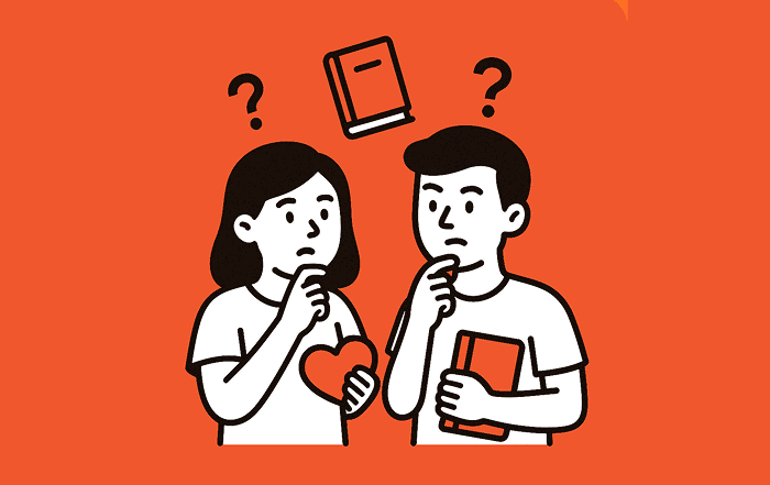 Dos estudiantes reflexionan sosteniendo un corazón y un libro, con signos de interrogación sobre ellos, representando la filosofía y el pensamiento crítico.