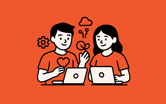 Dos estudiantes trabajan frente a computadores portátiles con íconos de nube y engranaje, representando la innovación educativa y la transformación digital.