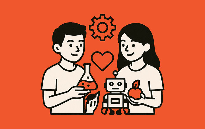 Dos estudiantes sostienen un matraz, un robot y una manzana con un corazón y engranaje al fondo, representando el enfoque STEM+ que integra ciencia, tecnología y valores humanos.