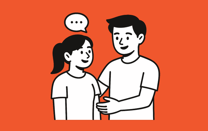 Dos estudiantes conversan con un globo de diálogo, representando la educación socioemocional, la empatía y las habilidades ciudadanas.