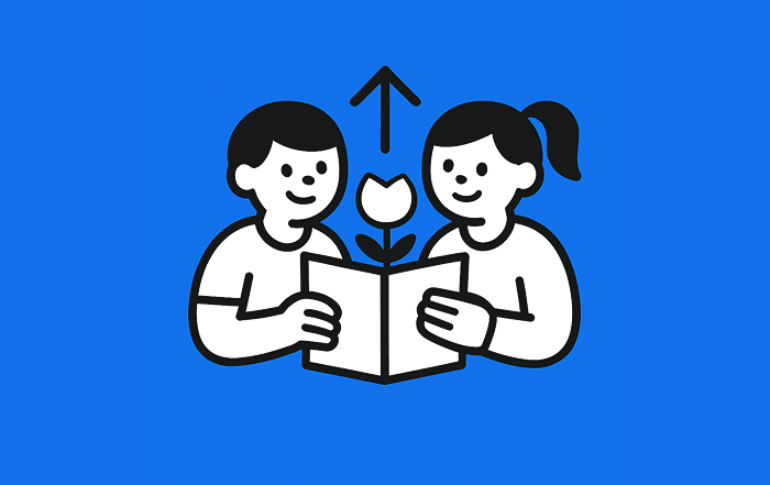 Dos niños leen un libro del que surge una flor, representando las orientaciones pedagógicas que inspiran crecimiento y aprendizaje.