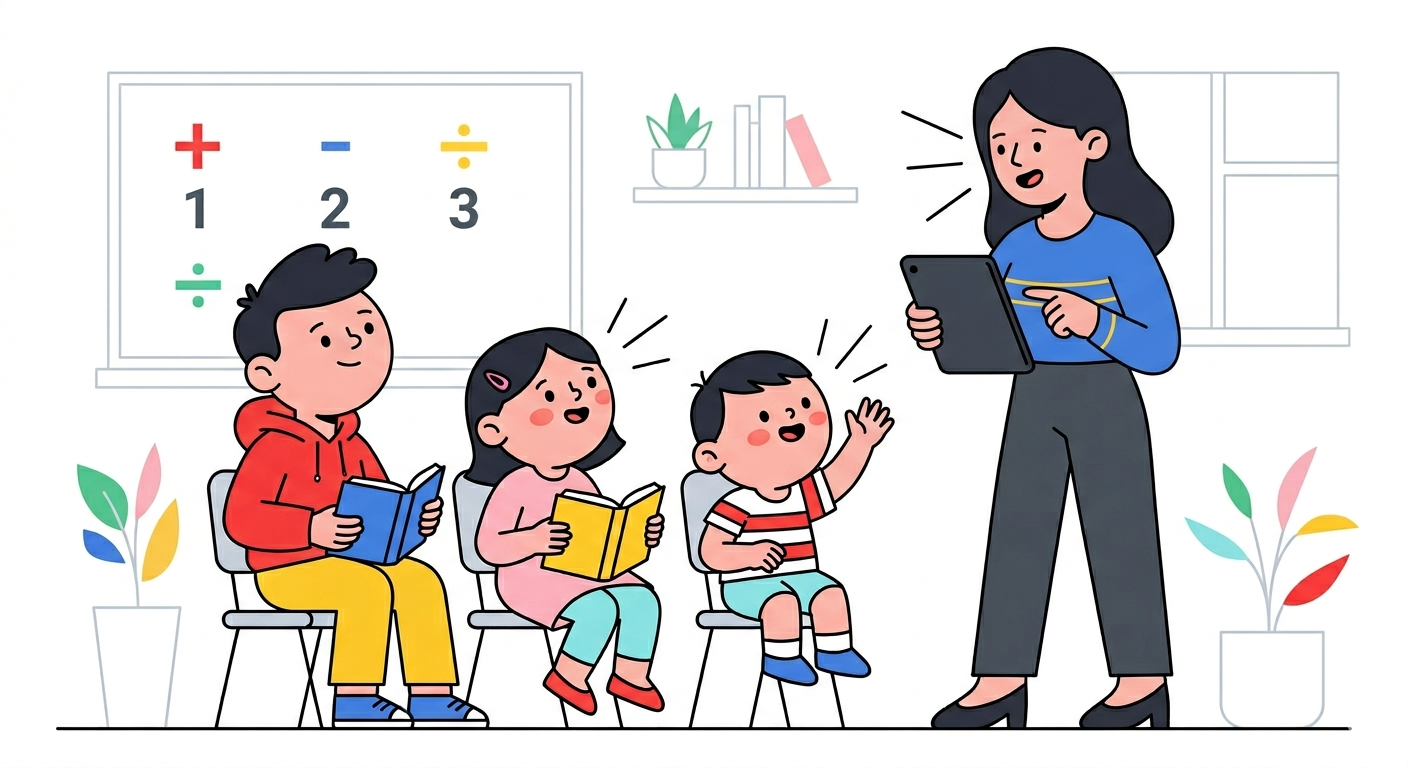 Docente y tres niños entre los 3, 5 y 6 años, en un ambiente escolar.