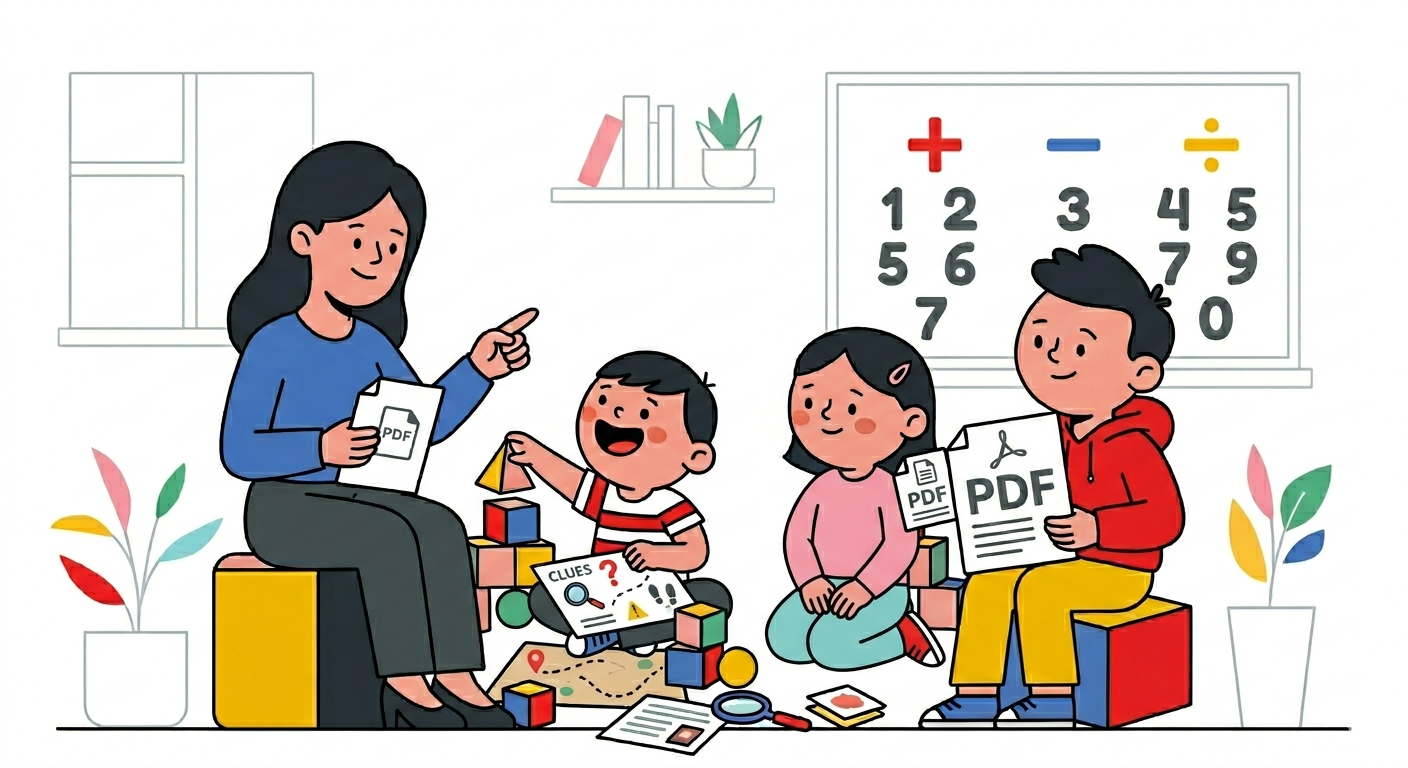 Niños y niñas sentados junto a un docente con pistas y juegos didácticos