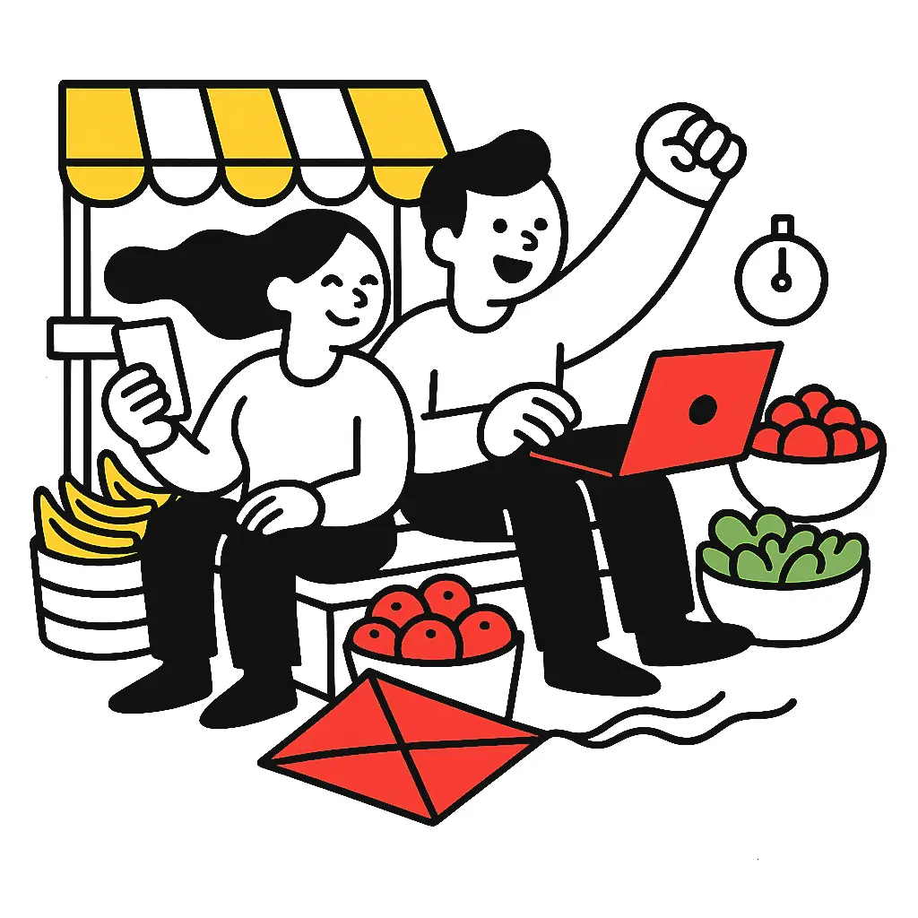 Ilustración de una familia en una casa rústica con techo de palma usando dispositivos móviles y un portátil, simbolizando que pueden aprender desde cualquier lugar.