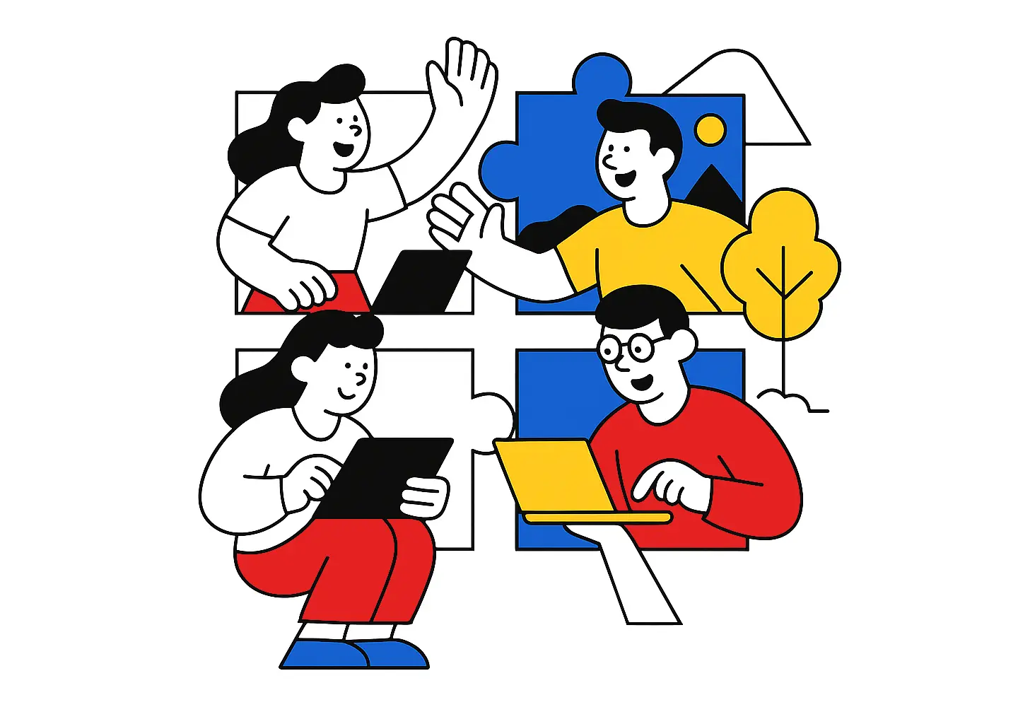 Ilustración de varias personas en diferentes entornos usando dispositivos digitales, representadas como piezas de un rompecabezas para simbolizar aprendizaje remoto y conectado desde cualquier lugar.