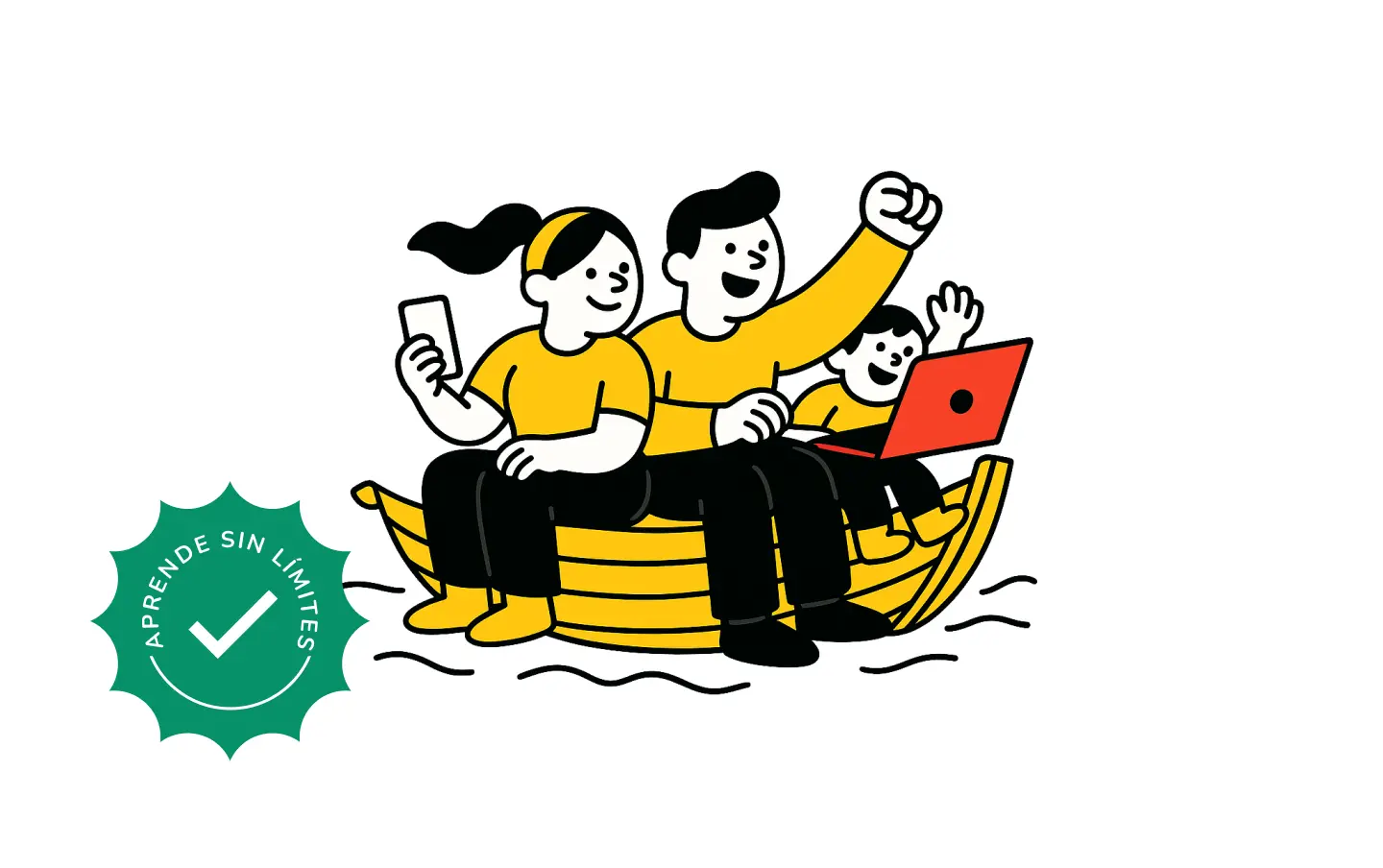 Ilustración de una familia navegando en un bote mientras utilizan un celular y un portátil, representando que es posible acceder a contenidos educativos desde cualquier lugar. / Sello Aprende sin Límites que identifica los contenidos descargables y accesibles sin conexión.